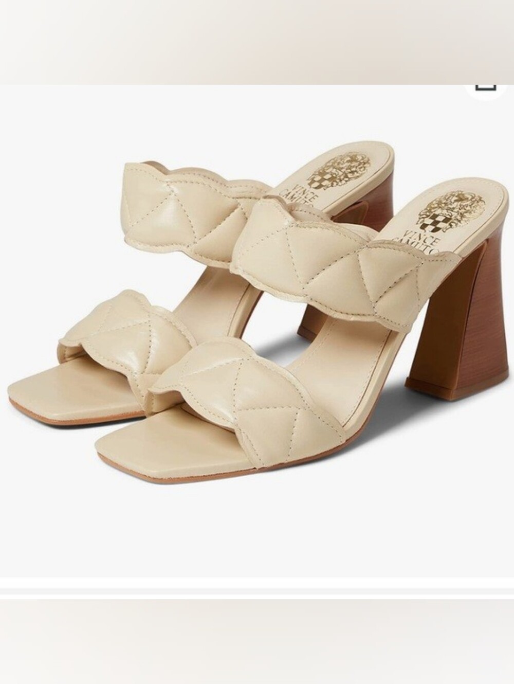 Vince Camuto Renneya Cream Sandals with Shiny Wood Grain Flared Heel ** Size 8
